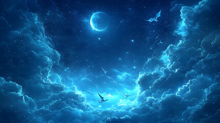 Magical Sky with Glowing Fish and Flying Dragons at Night