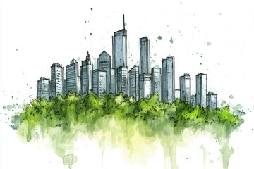 This artistic watercolour illustration showcases a modern city skyline with lush greenery, illustrating the harmony between urban architecture and nature.