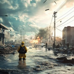 Rescue operations in flood aftermath showing destruction, smoke, and responders working in devastated urban area