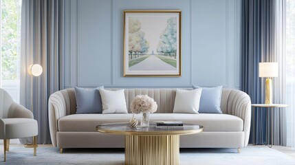 Fototapeta premium Elegant neoclassical living room, muted blue walls, velvet sofa, sculptural gold coffee table, framed soft pastel park scene, heavy curtains, soft lighting