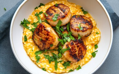Freshly seared scallops resting atop creamy risotto garnished with herbs in a stylish bowl