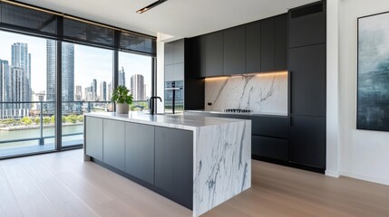 High tech kitchen, matte black cabinets, marble island, LED lighting, smart blinds, pastel riverside painting, city skyline