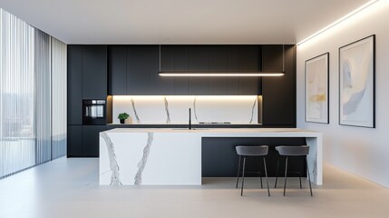 High tech minimalist kitchen, seamless matte black cabinetry, floating marble island, sculptural LED pendant, touch activated blinds, framed soft pastel