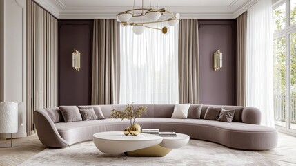 Luxurious neoclassical living room, muted plum walls, plush curved sofa, sculptural coffee table, soft relief wall panel, sheer curtains, gold chandelier