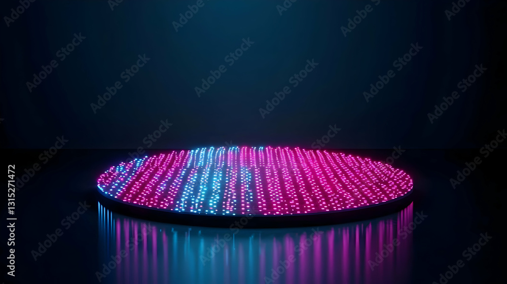 Poster circular neon pink and blue illuminated stage with reflective surface on a dark background in a mode