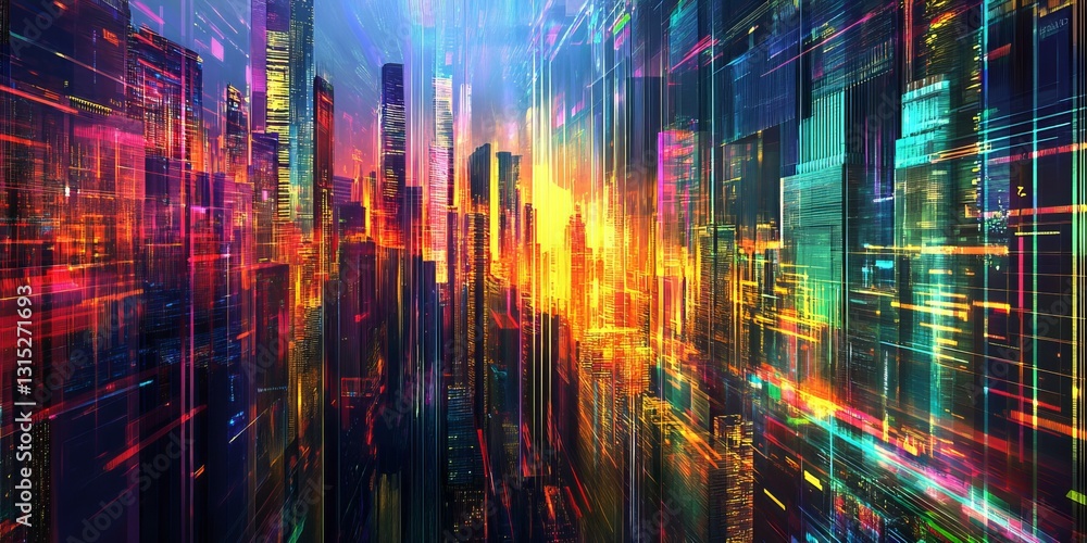 Poster this vibrant cityscape captures a futuristic vision with neon lights and dynamic motion, creating an
