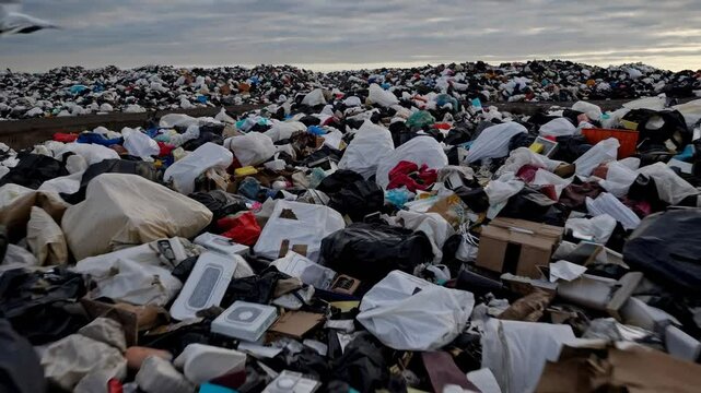 Seagulls flying over landfill site full of garbage