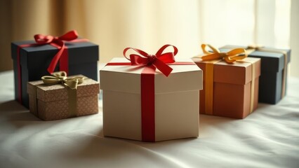 Obraz premium Gift boxes are arranged on an elegant surface, with a central box sharply focused and the background softly blurred.