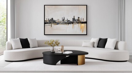 Modern monochrome living room, layered warm grays, curved boucle sofa, sculptural black coffee table, soft pastel abstract framed painting, fabric roman