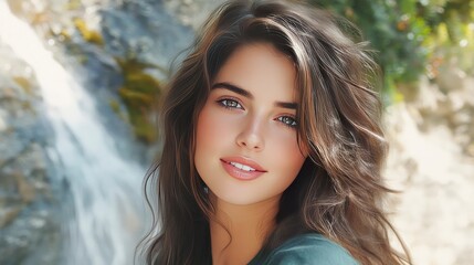 Obraz premium Young woman smiling softly in a natural setting near a waterfall, with lush greenery in the background