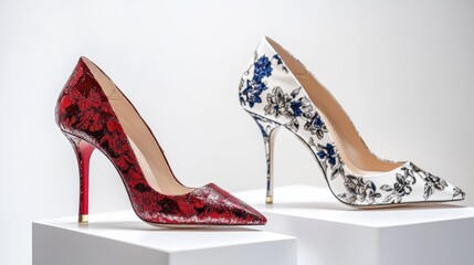 Obraz premium A pair of stylish high-heeled shoes, placed on a white surface, on a white isolated background