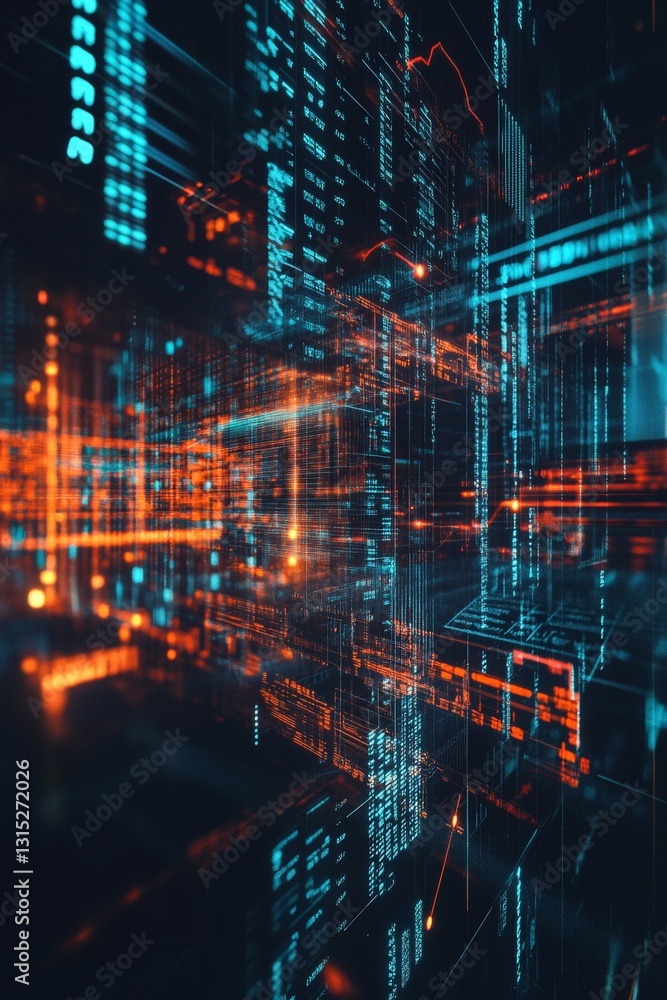 Poster this abstract image showcases a digital matrix filled with vibrant glowing lines and data streams, i