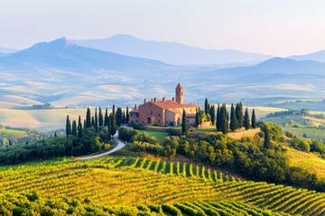 Tuscan countryside estate at sunrise
