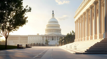 Fototapeta premium United States Capitol Building At Sunrise With Warm Golden Light Illuminating The Neoclassical Architecture And American Flag
