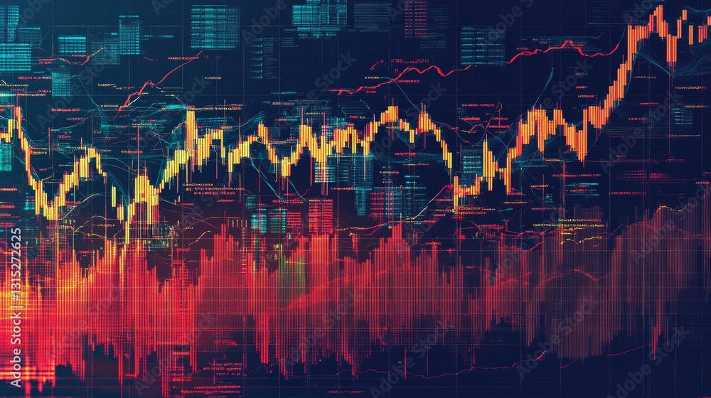 Poster stunning digital representation of stock market trends featuring an array of vibrant graphs and char
