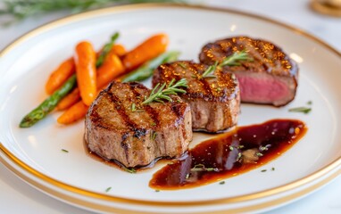 Gourmet lamb chops served with roasted carrots and a rich sauce during a festive dinner setting