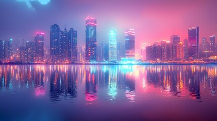 Fototapeta premium Colorful Reflections of Skyscrapers in a Misty Urban Lake Scene