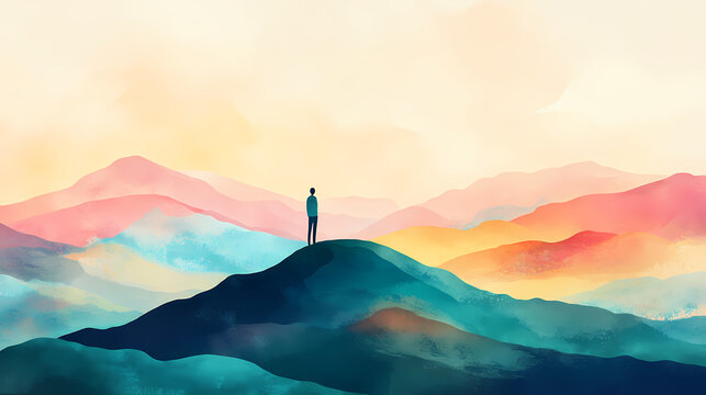 A person standing on a hilltop with a vast, colorful landscape below, symbolizing the limitless possibilities of an abundance mindset. Boundless - Ocean. Illustration
