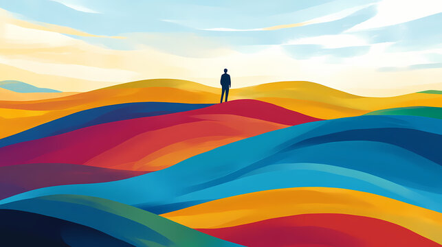 A person standing on a hilltop with a vast, colorful landscape below, symbolizing the limitless possibilities of an abundance mindset. Boundless - Ocean. Illustration