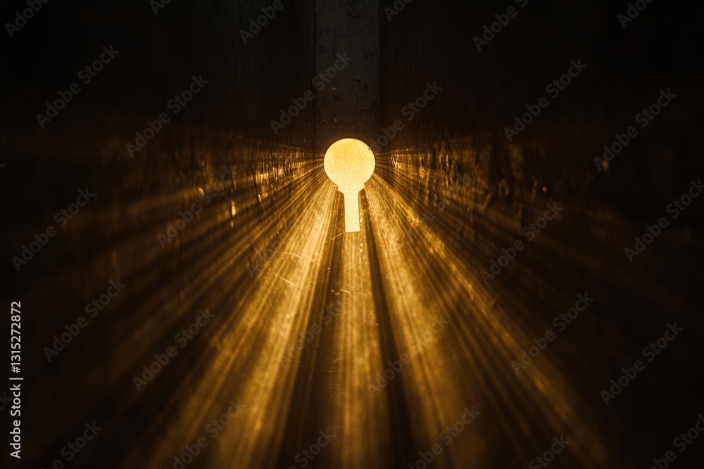 Poster a captivating image featuring light streaming through a keyhole, creating dramatic rays. the warm gl