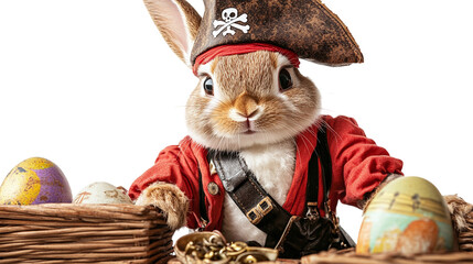 Chubby bunny dressed as a tiny pirate, searching for hidden Easter egg treasure on a transparent background --ar 16:9