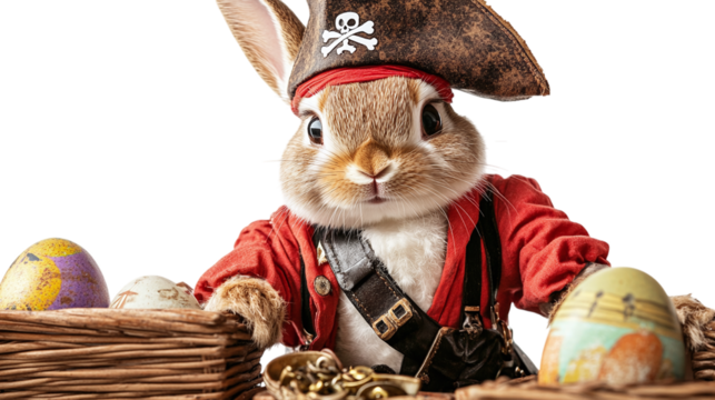 Chubby bunny dressed as a tiny pirate, searching for hidden Easter egg treasure on a transparent background --ar 16:9