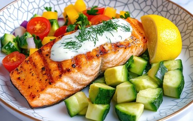 Delicious grilled salmon served with fresh vegetables and lemon on a stylish plate in a bright setting