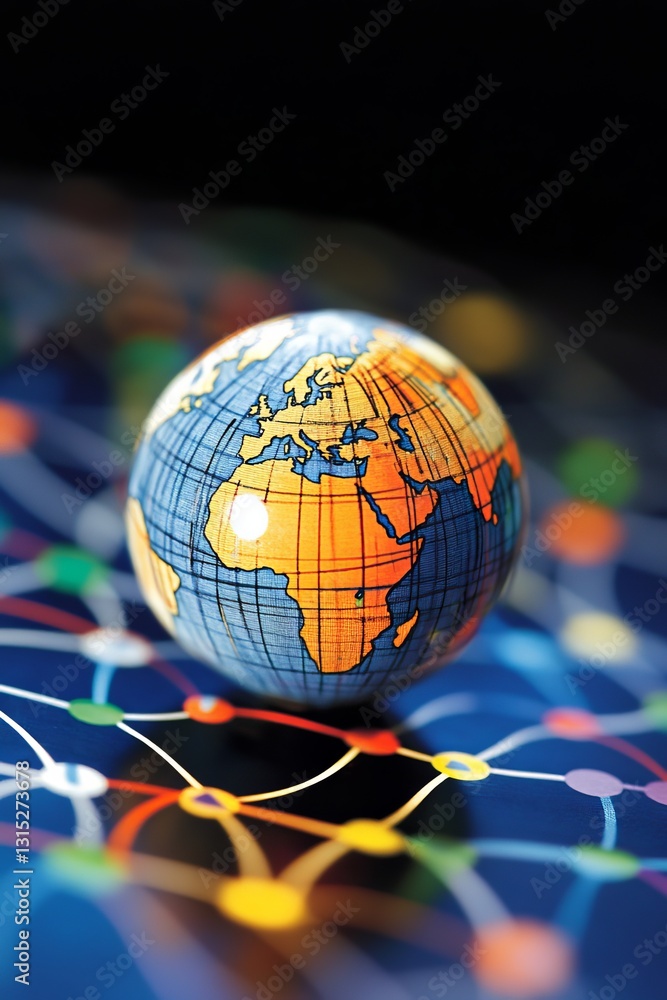 Poster a vibrant globe showcasing the continents on a colorful network background. this image symbolizes gl