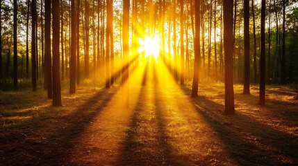 Fototapeta premium A tranquil woodland scene as the first rays of sunlight pierce through the thick forest, illuminating the lush greenery. 