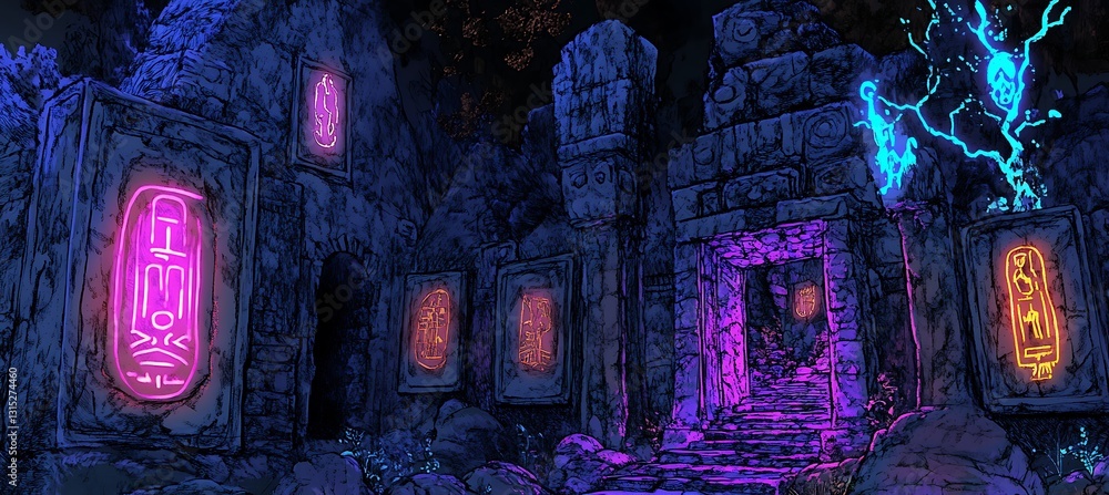 Poster mysterious neon hieroglyphs shining on a weathered temple backdrop, blending ancient symbols with a 