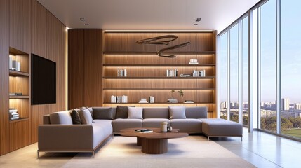 Fototapeta premium Scandinavian living room, deep walnut walls, oversized modular sofa, floating wooden shelves, sculptural bronze chandelier, recessed soft lighting