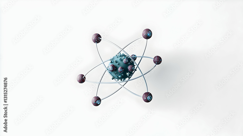 Poster 3d rendering of a simplified atom model with a central nucleus and orbiting electrons on a white bac