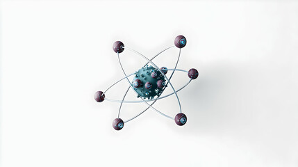 3D Rendering of a Simplified Atom Model with a Central Nucleus and Orbiting Electrons on a White Background