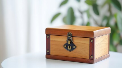 A small wooden jewelry box with a lock, placed on a white table