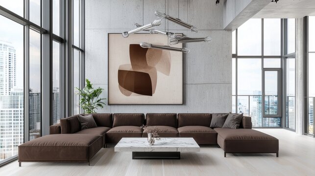 Scandinavian loft living room, exposed concrete walls, deep brown modular sofa, sculptural silver chandelier, floating marble coffee table, metallic abstract