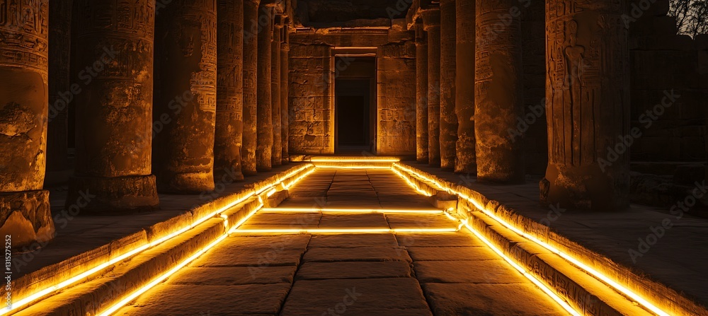 Poster a glowing neon hieroglyph background illuminating an ancient temple with a mysterious and sacred atm
