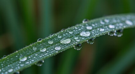 Dew Drops on Green Blade of Grass Macro Close-up