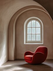 A red upholstered chair sits beside an arched window