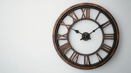 A large decorative clock with roman numerals, hanging on a white wall, on a white isolated background
