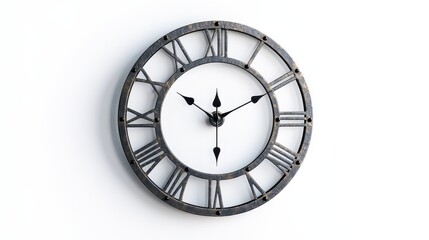 A large decorative clock with roman numerals, hanging on a white wall, on a white isolated background