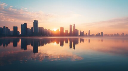 Naklejka premium Coastal City Skyline at Sunrise with Soft Reflections in Water