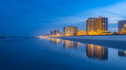 Naklejka premium Serene Coastal City Skyline at Blue Hour with Beautiful Reflections