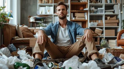 A frustrated man sits on the floor of a cluttered apartment filled with trash, looking stressed and overwhelmed.