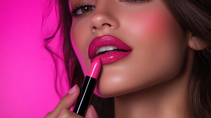 A glamorous close-up of a woman applying bold pink lipstick against a vibrant pink background.