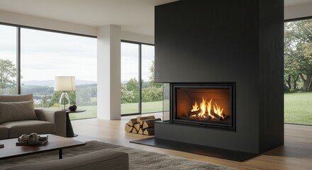 Fire Burning in Modern Fireplace in a Luxury Living Room Design