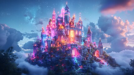 Colorful Glowing Castle Surrounded by Electric Fantasy Plants