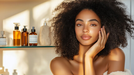 Naklejka premium A radiant woman with voluminous curly hair poses with a serene expression, surrounded by beauty products in warm lighting.