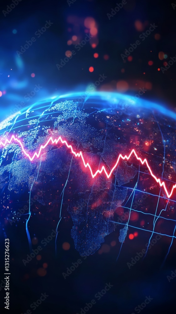 Poster a blue and red globe with a red line on it. the globe is surrounded by a dark blue background