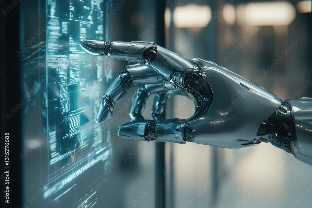 Poster a robotic hand interacts with a futuristic digital interface, showcasing advanced technology and art