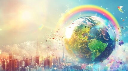 A colorful planet with a rainbow on top of it. The planet is surrounded by a city with tall buildings